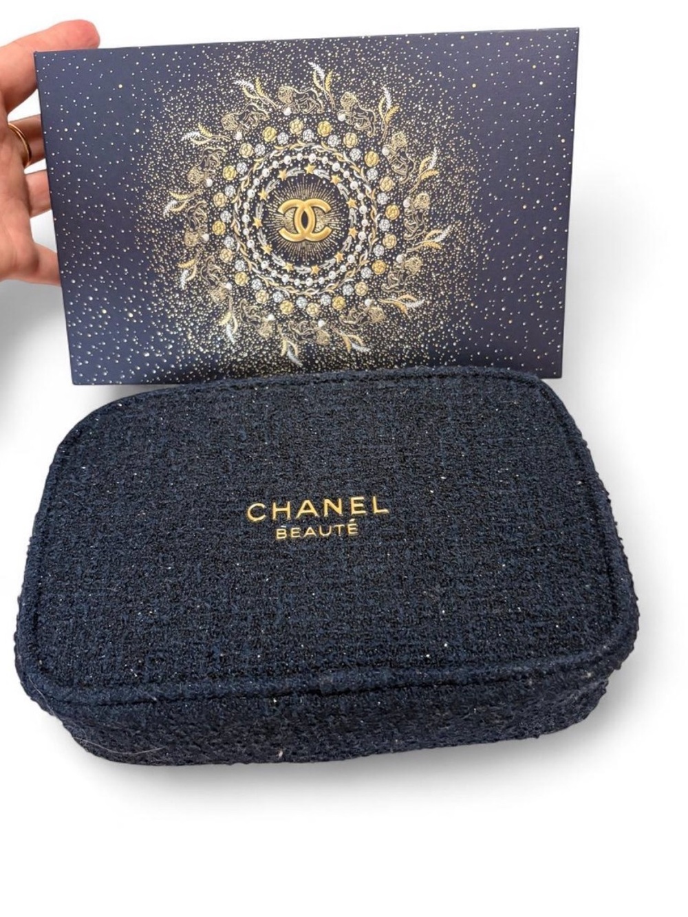 CHANEL Navy Blue Tweed Beauté Zip Cosmetic Case with Gold Logo